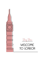 Line drawing of Big Ben tower famous for tourism. Palace of Westminster, Big Ben, England.
