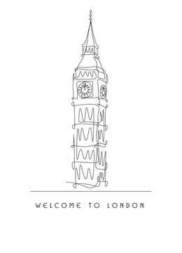 Line drawing of Big Ben tower famous for tourism. Palace of Westminster, Big Ben, England.