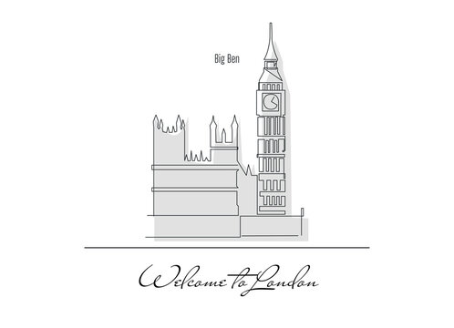Line drawing of Big Ben tower famous for tourism. Palace of Westminster, Big Ben, England.