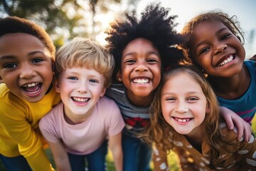 Group of diverse cheerful fun happy multiethnic children outdoors at the schoolyard - Powered by Adobe
