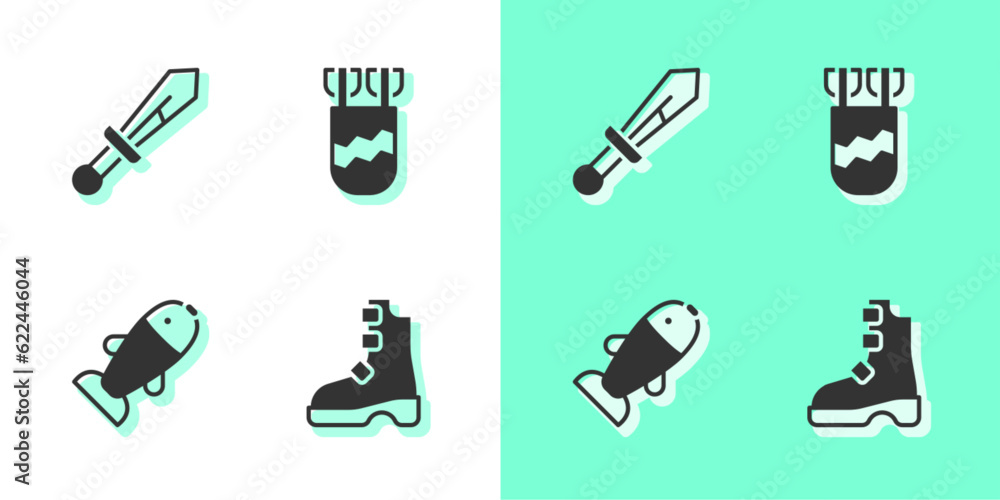 Canvas Prints set ancient viking boots, medieval sword, fish and quiver with arrows icon. vector