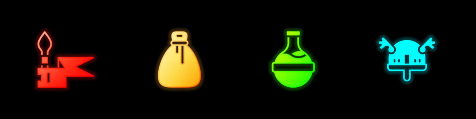 Set Medieval spear, Old money bag, Bottle with potion and Viking in horned helmet icon. Vector