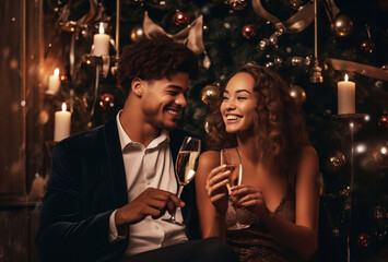 Romantic new year's eve fashion mixed race couple toasting with champagne wearing black dinner jacket and golden dress. Christmas and New Year celebration concept. AI generated.