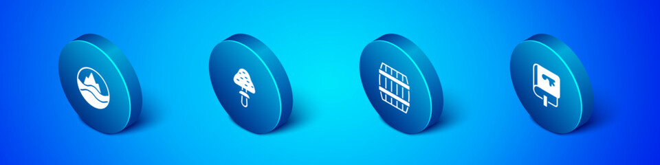 Set Isometric Sea and waves, Wooden barrel, Viking book and Mushroom icon. Vector