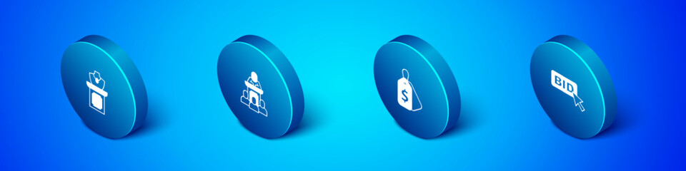Set Isometric Auction jewelry sale, Price tag with Sale, Bid and auctioneer sells icon. Vector