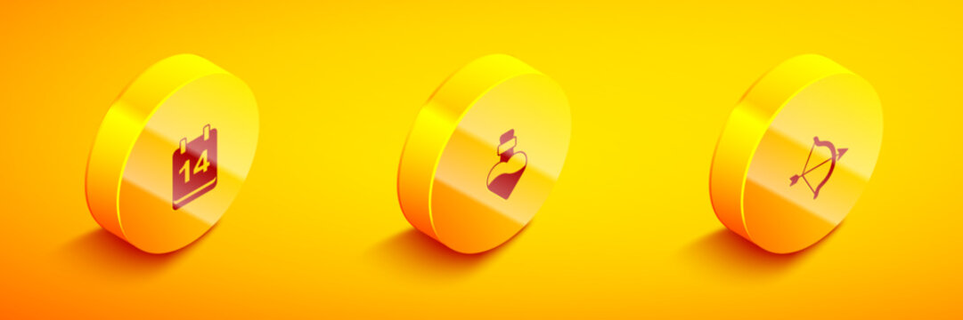 Set Isometric Calendar with February 14, Bottle love potion and Bow and arrow icon. Vector