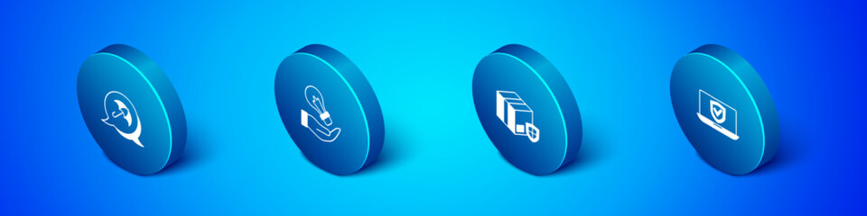 Set Isometric Umbrella, Delivery security with shield, Insurance online and Light bulb hand icon. Vector
