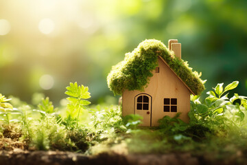 Fototapeta na wymiar Green and environmentally friendly housing concept, nature forest background - Miniature wooden house home in grass, moss and ferns, illuminated by the sun, sunshine, Eco house | Generative AI
