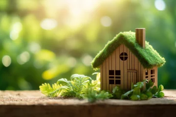 Foto op Plexiglas Green and environmentally friendly housing concept, nature forest background - Miniature wooden house home in grass, moss and ferns, illuminated by the sun, sunshine, Eco house   Generative AI © Kay