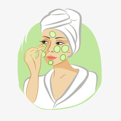Cucumber mask. Illustration of a cucumber mask on a girl's face.
