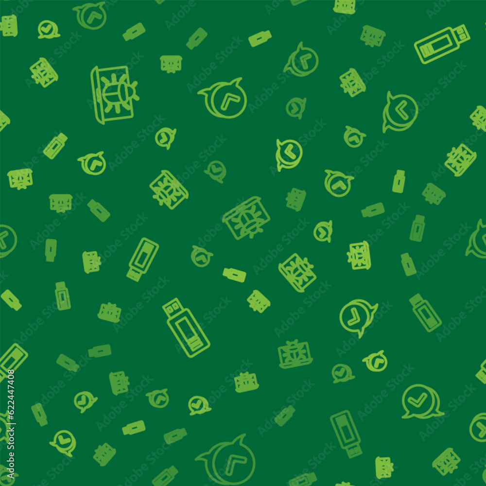 Poster set line system bug on monitor, usb flash drive and check mark in speech bubble on seamless pattern.