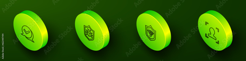 Poster set isometric line check mark in speech bubble, system bug, shield with wifi wireless and face recog