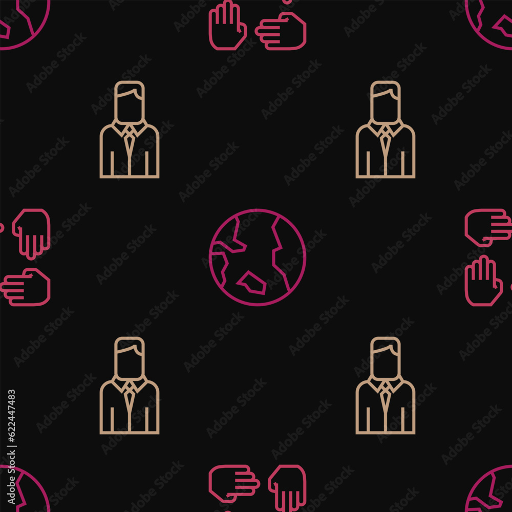 Poster set line project team base, worker and earth globe on seamless pattern. vector