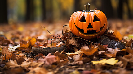 A Jack-O-Lantern on a stump in an autumn forest surrounded by fall leaves, halloween