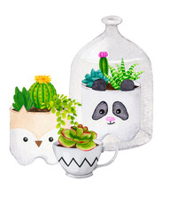 Watercolor composition of cacti and succulents in ceramic pots. Colorful hand drawn border for cards, posters, announcement, stationery, logos, advertising and more..