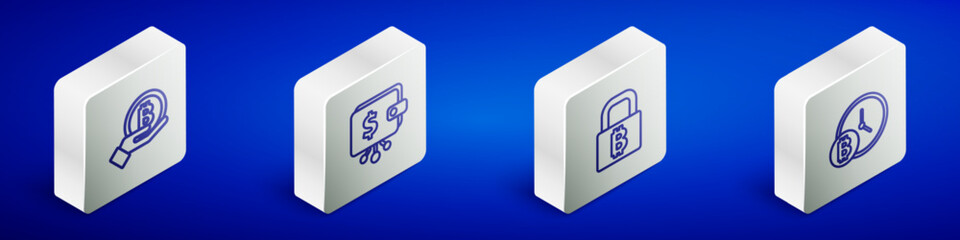Set Isometric line Hand holding Bitcoin, Cryptocurrency wallet, Lock with bitcoin and clock icon. Vector