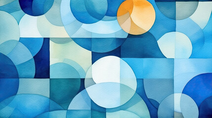 Obraz premium abstract summer watercolor background in blue colors with geometry circles, generative ai