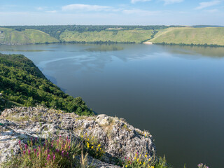 Landscape view of the river and Bakota in summer
