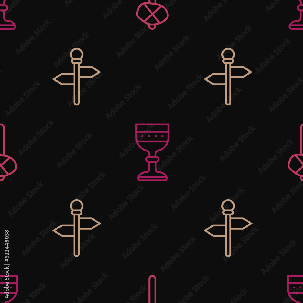 Wall mural set line stone age hammer, road traffic signpost and medieval goblet on seamless pattern. vector