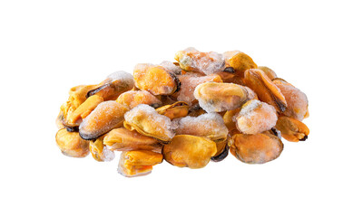 Heap of frozen peeled mussel meat isolated on a white background.