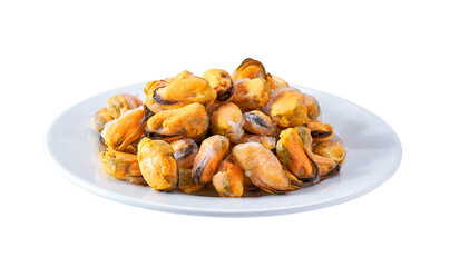 Frozen peeled mussels on a white ceramic plate isolated on a white background.
