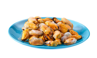 Frozen peeled mussels on a blue ceramic plate isolated on a white background.