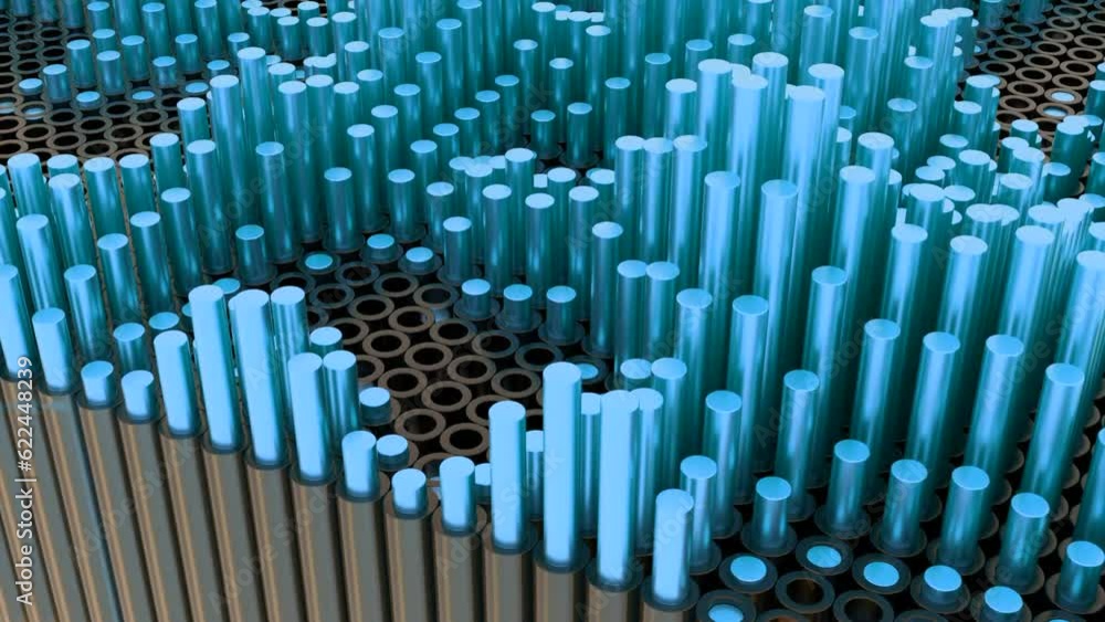 Poster 3d background with retractable metal columns. design. round 3d columns move up and down in space. co