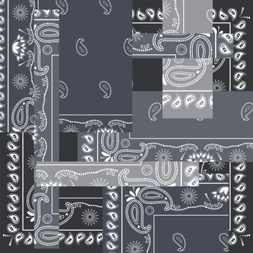 Grey bandana kerchief paisley fabric patchwork abstract vector seamless pattern