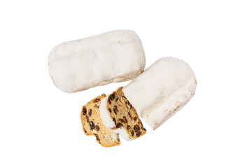 Christmas stollen. Christmas cake isolated on white background.Traditional Christmas festive pastry dessert. Stollen for Christmas
