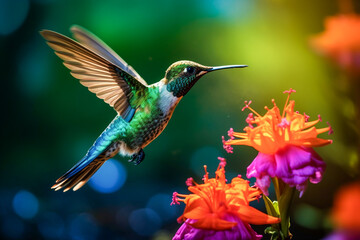 Hummingbird flying next to flower, eating. Generative AI.