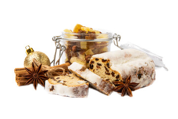 Christmas stollen. Christmas cake isolated on white background.Traditional Christmas festive pastry dessert. Stollen for Christmas