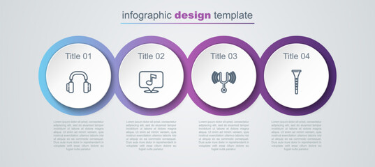 Set line Headphones, Musical note, tuning fork and Clarinet. Business infographic template. Vector