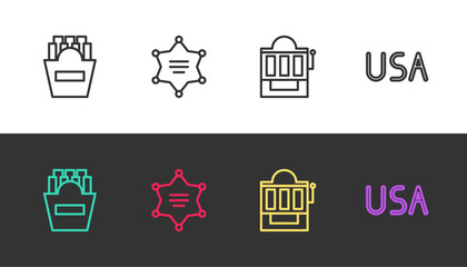 Set line Potatoes french fries in box, Hexagram sheriff, Slot machine and USA label on black and white. Vector