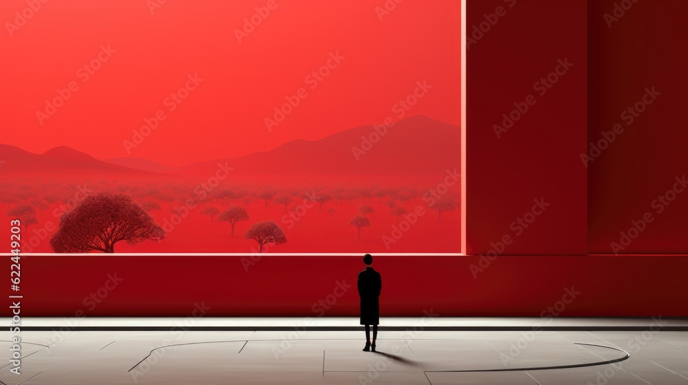 Poster a man standing in front of a red wall. generative ai image.