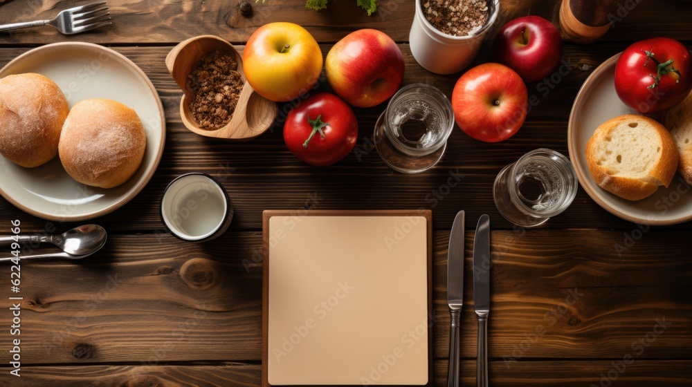 Poster a table topped with plates of food and silverware. generative ai image.