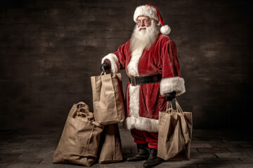Santa claus holding bags on studio shot. Generative AI