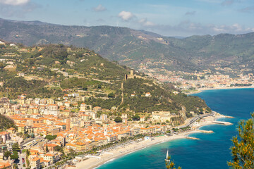 Aerial view of Noli town on the Ligurian Sea,  Italy