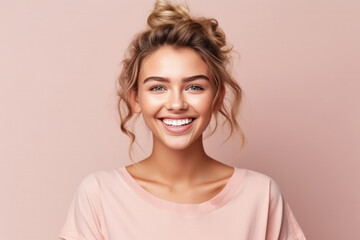 Happy and confident Young woman with a bun Smiling Against Pink Background. Generative AI