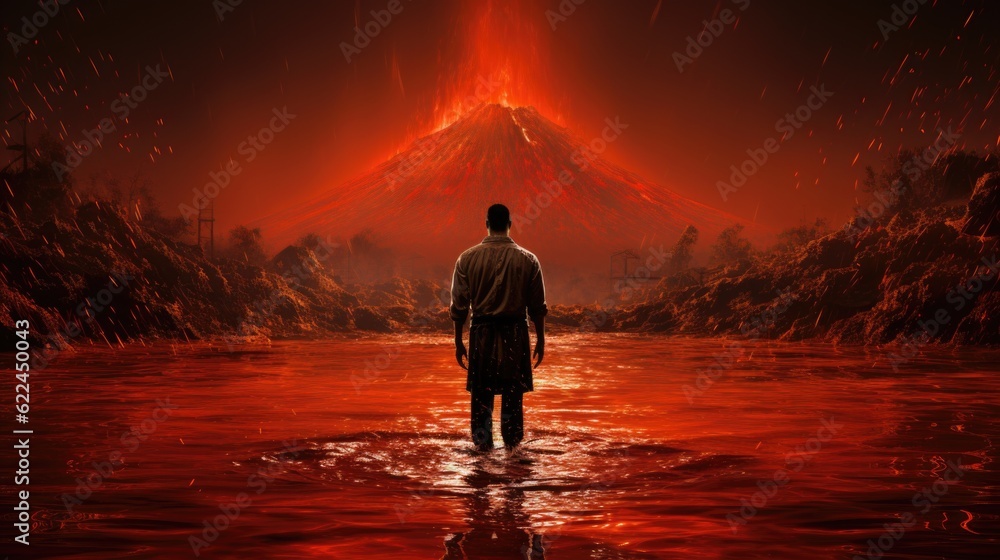Poster a man standing in a body of water with a volcano in the background. generative ai image.