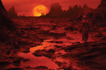 Print:acid rain in venus,red theme,lava,land of fire.GenerativeAI.