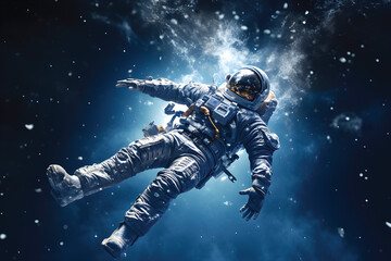 Fototapeta premium Print:an astronaut is frozen in the universe,ice flake on suit,flying with gravity,flare.GenerativeAI.