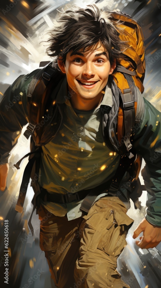 Poster a man with a backpack running through a city. generative ai image.