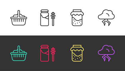 Set line Basket, Jar of honey and dipper stick, Jam jar and Storm on black and white. Vector