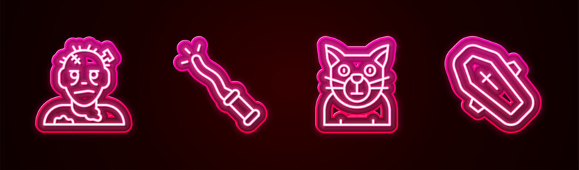 Set line Zombie mask, Magic wand, Cat and Coffin with cross. Glowing neon icon. Vector