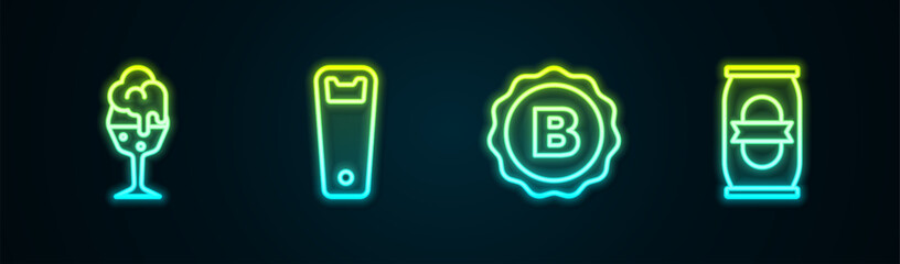 Fototapeta premium Set line Glass of beer, Bottle opener, cap with and Beer can. Glowing neon icon. Vector