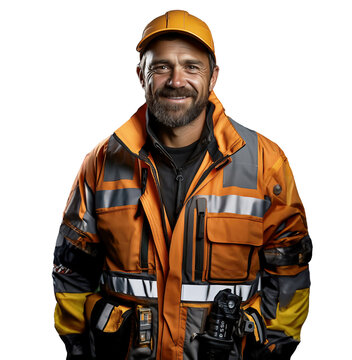 Smiling construction worker wearing uniform, cutout on transparent background, ready for architectural visualisation.