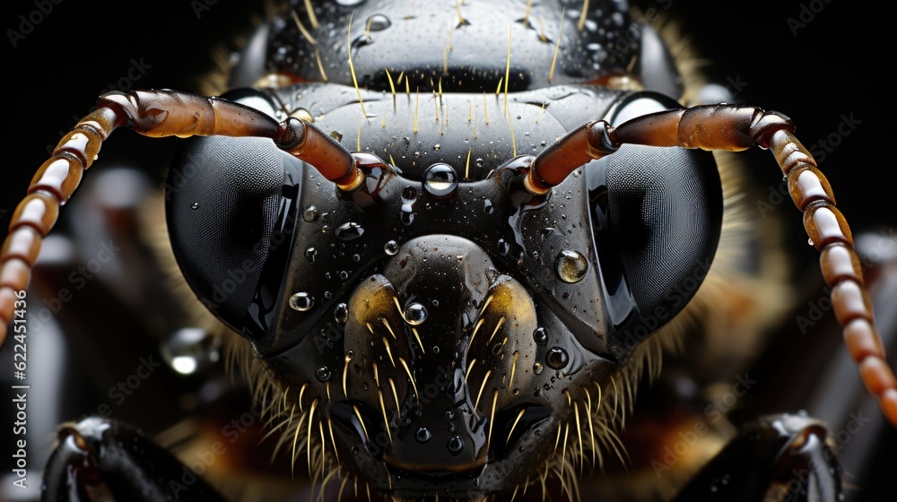 Poster a close up of a bug's face with water droplets on it. generative ai image.