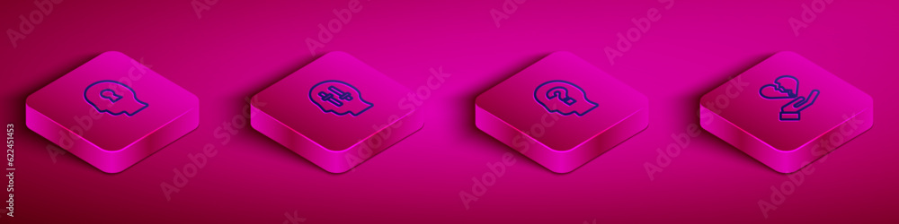 Poster set isometric line solution to the problem, , head with question mark and broken heart or divorce ic