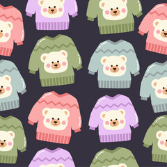 Seamless pattern with christmas kawaii cute sweaters with bears. Autumn and fall sweaters with pastel colors with dark background