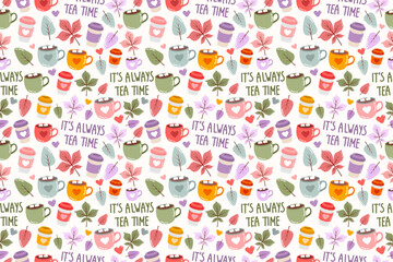 Autumn cartoon seamless pattern with cute  kawaii cups and mugs. Cup of tea and cup of coffee with chestnut leaf. It's always tea time